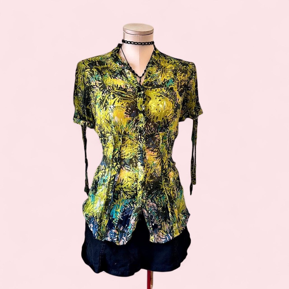 Vintage Esprit Y2K green & black abstract floral blouse